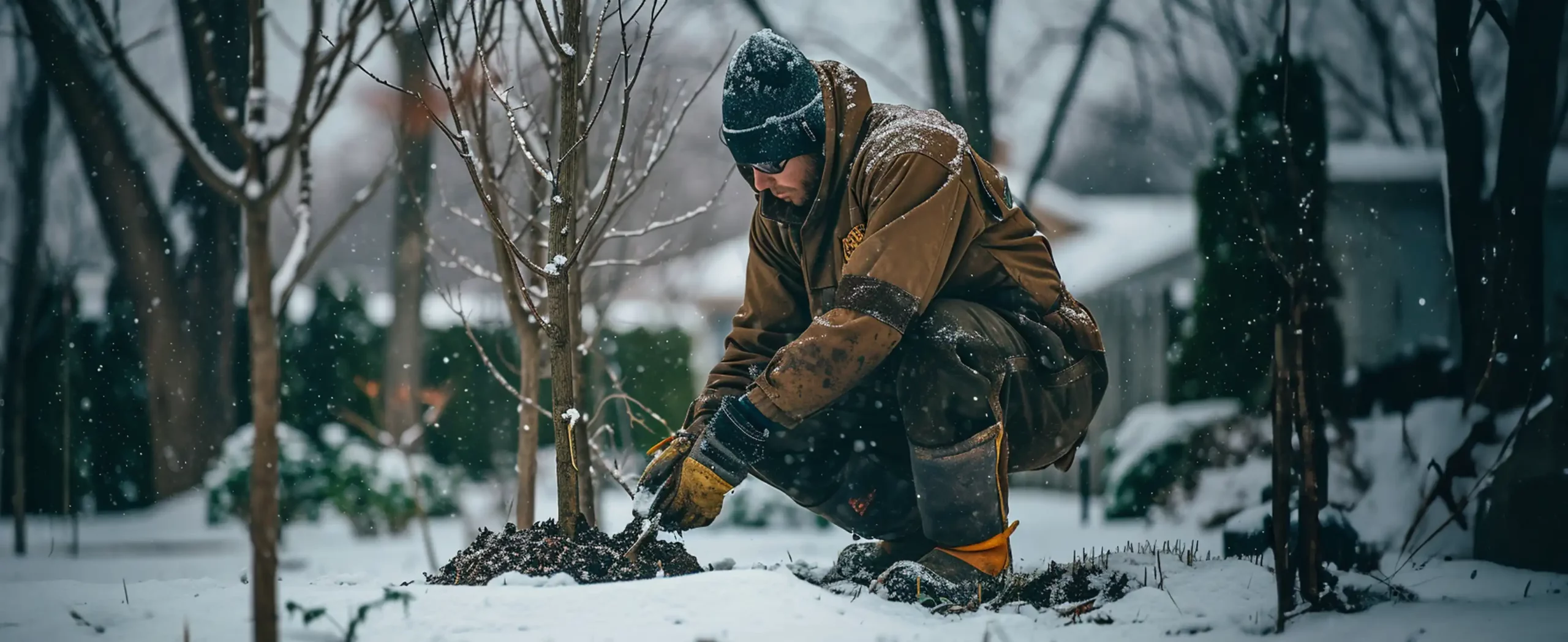 Landscaper planting trees in snowy winter yard