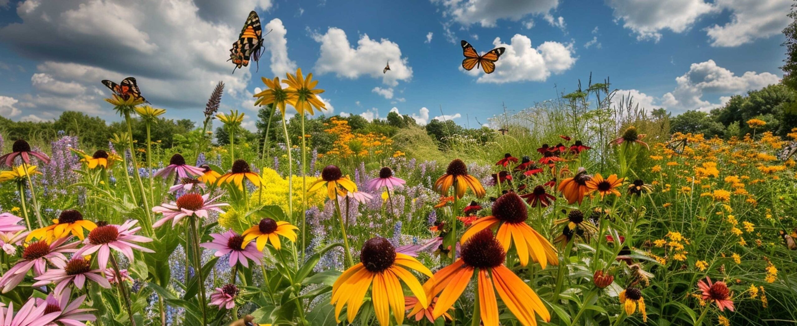 Native plants in Michigan Garden, flowers and butterflies. This is a hero image, representing native plant in Michigan.
